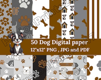 Brown Puppy Dog Digital Paper Pack | 50 Cute Dog Patterns | 12x12 PNG JPG PDF | Puppy Texture Backgrounds | Pet Scrapbook Paper