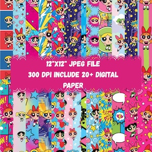 May include: Digital paper pack featuring various patterns with cartoon characters in pink, blue, and yellow. The text on the image reads "12"x12" JPEG FILE 300 DPI INCLUDE 20+ DIGITAL PAPER".