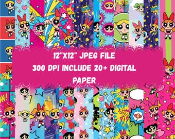Powerpuff Girls 20+ Digital Paper Pack 12x12 JPG | 300 DPI Cute Cartoon Printable Backgrounds for Scrapbook Crafts DIY Download