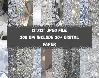 30+ Diamond Digital Paper 12x12 JPEG 300 DPI | Luxury Crystal Glam Backgrounds | Seamless Scrapbook Printable Paper Pattern Pack