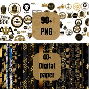 Puede incluir: Una colección de gráficos y papeles digitales. La sección superior presenta varios logotipos circulares con las letras griegas AΦA, un león y el número 1906. La sección inferior muestra papeles digitales estampados en negro y dorado. El texto incluye "90+ PNG" y "40+ Digital paper."