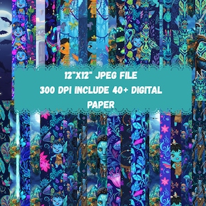 Puede incluir: Paquete de papel digital con diseños en azul, morado y verde. El paquete incluye ilustraciones de personajes de fantasía, plantas y patrones. El texto de la imagen dice "12"X12" JPEG FILE 300 DPI INCLUDE 40+ DIGITAL PAPER."