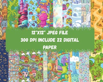 Cartoon City Digital Paper | Seamless Animal Town Backgrounds (Printable Scrapbook Paper)