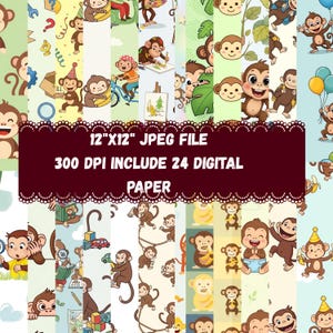 Puede incluir: Una colección de papeles digitales con monos de dibujos animados en varias poses. Los papeles son archivos JPEG de 30,48 cm x 30,48 cm a 300 DPI, que incluyen 24 papeles digitales. Los monos están representados con plátanos, globos y otros elementos lúdicos.