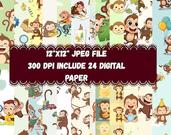 Curious Monkey Digital Paper Bundle | Cute Cartoon Monkey Seamless Patterns | Kids Party Scrapbook Paper 12x12 | Printable Backgrounds
