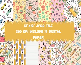 School Days Digital Paper Pack | 12x12 Seamless Learning Patterns | Printable Classroom Backgrounds JPG 300 DPI Teacher Graphics Set
