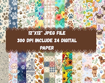 Watercolor Dog Digital Paper Pack, Cute Puppy Pattern Backgrounds, Pet Lover Scrapbook Papers, Printable JPG Download, 12x12 300 DPI