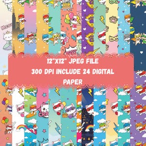 May include: A collection of 24 digital papers, each 12" x 12", featuring a repeating pattern of superhero cat illustrations in various colors. The papers include text that reads "12"X12" JPEG FILE", "300 DPI INCLUDE 24 DIGITAL PAPER".