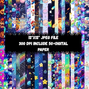 Puede incluir: Una colección de papeles digitales con personajes de dibujos animados coloridos y diseños espaciales. Los papeles incluyen personajes como Mario y Yoshi, con el texto "12"X12" JPEG FILE 300 DPI INCLUDE 50+DIGITAL PAPER".