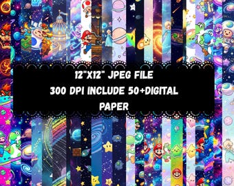 50+ Digital Paper Pack 12x12 JPG | 300 DPI Space Game Printable Backgrounds for Scrapbook Crafts DIY Download