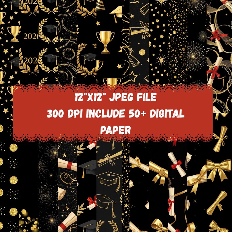 Class of 2026 Graduation Digital Paper Pack | Black Gold Patterns ...