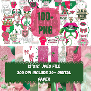 May include: Digital paper pack featuring a collage of pink and green graphics, including logos, bows, and glitter textures. The image includes the text "100+ PNG" and "12"X12" JPEG FILE". The design is suitable for digital scrapbooking and crafting projects.