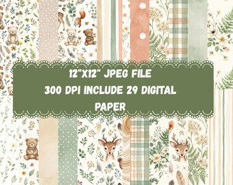 Grillig bos aquarel digitaal papier | Rustieke bosdieren naadloze patronen voor kinderdagverblijven Scrapbooking DIY