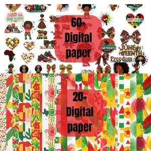 May include: A collection of digital papers and graphics with a Juneteenth theme. The image features various designs, including hearts, bows, and illustrations, in red, green, and yellow. Text includes "Juneteenth" and "Freedom Day".