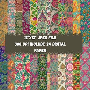 May include: A collection of 24 digital papers with ornate floral and paisley patterns in various colors. The papers are 12"x12" JPEG files at 300 DPI. The designs feature shades of pink, green, blue, and gold, with intricate details and textures.