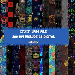 Könnte beinhalten: Eine Sammlung digitaler Papiere mit verschiedenen Charakterdesigns und Mustern. Die Papiere zeigen Bilder von Charakteren, Pizza und Neonlichtern. Der Text auf dem Bild lautet "12"X12" JPEG FILE 300 DPI INCLUDE 25 DIGITAL PAPER".