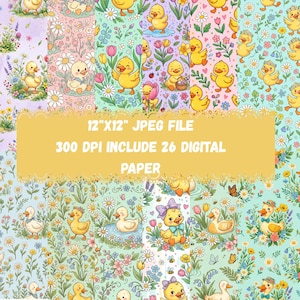 Peut inclure: Une collection de 26 motifs de papier numérique avec des canetons jaunes, des fleurs colorées et des papillons. L'image contient le texte 12"x12" JPEG FILE 300 DPI INCLUDE 26 DIGITAL PAPER. Les motifs sont sur des fonds pastel.