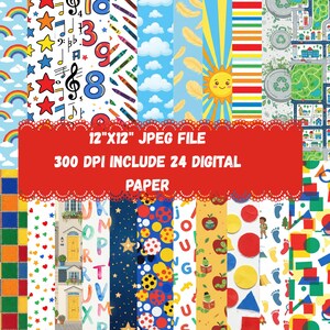 Può includere: Una collezione di 24 carte digitali con motivi colorati tra cui arcobaleni, stelle, note musicali, numeri, pastelli, nuvole, piume, un sole, strisce, simboli di riciclaggio, mappe di città, lettere, punti, mele e forme geometriche.