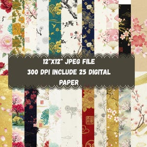 25 Japanese Digital Paper Pack | Sakura Zen Patterns | 12x12 JPEG 300 DPI | Seamless Scrapbook Craft Backgrounds Printable Art Origami ZenFX