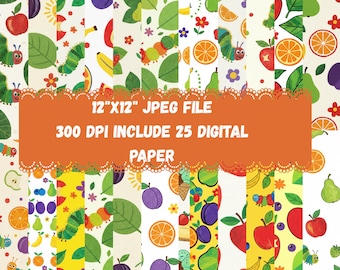 Very hungry caterpillar Digital Paper Pack 12x12 JPG 300 DPI, 25 Cute Colorful Bug Pattern Backgrounds for Kids Craft Scrapbooking Printable