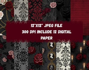 Donker romantiek gotisch glamour naadloos digitaal papier, 16 bloemen donkere academische achtergronden plakboek PNG Instant Download Junk Journal Gothi