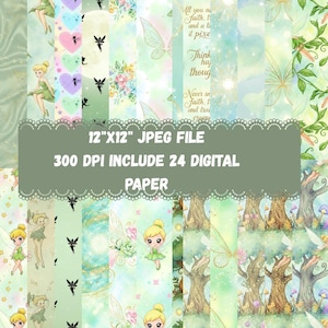 Pode incluir: Um pacote de papel digital com designs de fadas. O pacote inclui 24 papéis digitais, cada um com 30,48 cm x 30,48 cm. Os designs incluem fadas, borboletas, árvores e elementos florais, com sobreposições de texto.