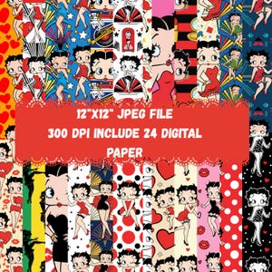 May include: A selection of digital papers showcasing Betty Boop in diverse poses and attire. The papers display patterns such as hearts, polka dots, and art deco motifs. The image text states "12"X12" JPEG FILE 300 DPI INCLUDE 24 DIGITAL PAPER."