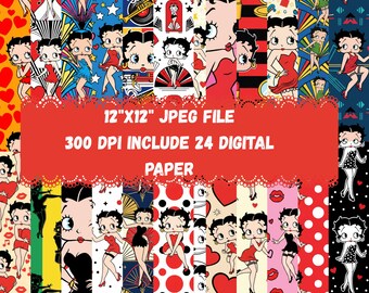 Betty Boop 12x12 Digital Paper Pack 24 JPG Files 300 DPI High Resolution Scrapbook Backgrounds Instant Download Printable For Crafts & DIYs!