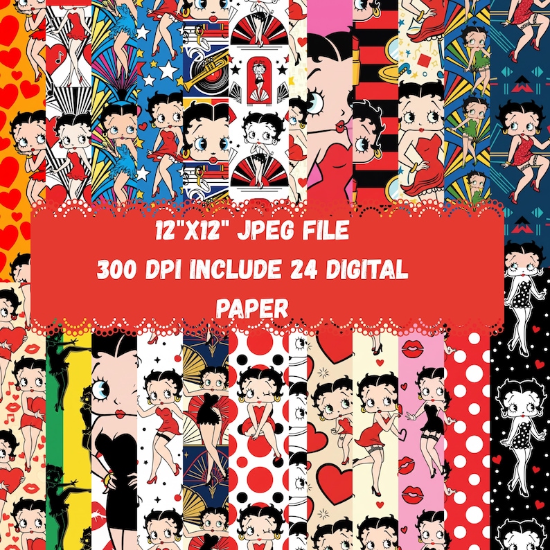 May include: A collection of digital papers featuring Betty Boop in various poses and outfits. The papers are in a variety of patterns, including hearts, polka dots, and art deco designs. The text on the image reads "12"X12" JPEG FILE 300 DPI INCLUDE 24 DIGITAL PAPER."