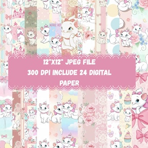 Può includere: Pacchetto di carta digitale con un motivo ripetuto di gattini bianchi con fiocchi rosa su sfondi pastello. Il testo sull'immagine recita "12"x12" JPEG FILE 300 DPI INCLUDE 24 DIGITAL PAPER".