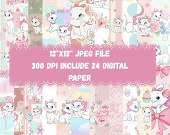 Marie Aristocats Digital Paper Pack | Cute Pink Cat Patterns | 12x12 Scrapbook Paper | Princess Kitty Background | Instant Download JPG