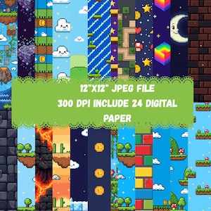 Puede incluir: Una colección de 24 papeles digitales con diseños de pixel art. Los papeles presentan varios temas, incluyendo nubes, monedas y paisajes. La imagen incluye el texto "12"x12" JPEG FILE" y "300 DPI INCLUDE 24 DIGITAL PAPER".