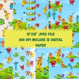 May include: Digital paper pack featuring colorful cartoon characters in various shapes and sizes, set against a light blue background. The text on the image reads "12"X12" JPEG FILE 300 DPI INCLUDE 12 DIGITAL PAPER".