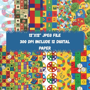 May include: A collection of 12 digital papers with game-themed patterns. The papers feature colorful designs with dice, game boards, and other game-related elements. The text on the image reads "12"X12" JPEG FILE 300 DPI INCLUDE 12 DIGITAL PAPER."