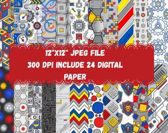 Digitalt robotpapper | Mecha-mönsterbakgrunder | Utskrivbart sci-fi-papper | Futuristiskt scrapbook-JPG-paket
