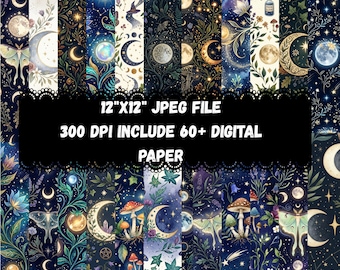 Digitaal papierpakket Celestial Witch – Mystieke naadloze maan- en sterpatronen | Boho magische achtergronden voor scrapbooking, direct downloaden