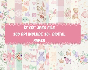 30+ Baby Girl Digital Paper Pack | Pink Cute Nursery Backgrounds | 12x12 JPG 300 DPI | Scrapbook Printable Paper Nursery Baby Patterns Pink