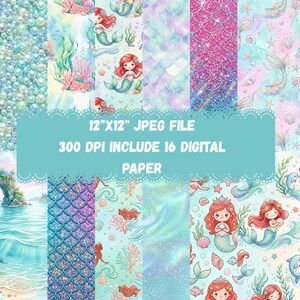 May include: A collection of 16 digital paper designs featuring mermaid illustrations, iridescent fish scales, pearls, seashells, coral, and ocean waves. The image includes text stating 12"x12" JPEG FILE 300 DPI INCLUDE 16 DIGITAL PAPER.