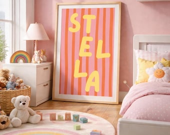 Physical Print, Girl Pink and Yellow Personalized Kids Name Wall Art Vertical Poster | Bright Colorful Nursery Print, Vibrant playroom decor