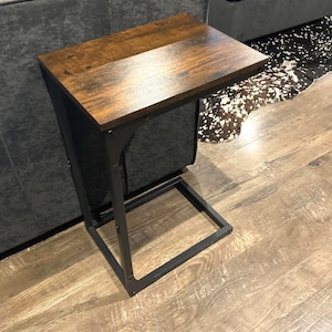 C Shaped Side Table Slim Sofa End Table Wood Metal Bedside Table