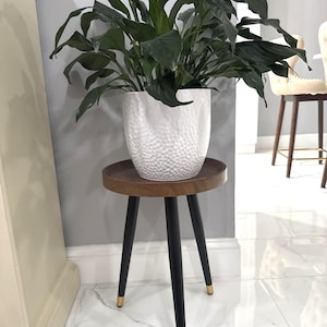 Mid Century Walnut Plant Stand Wood Metal Indoor Side Table