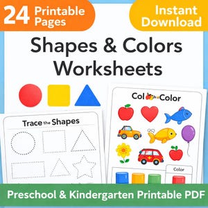 Pode incluir: Um conjunto de folhas de trabalho imprimíveis para pré-escola e jardim de infância, com foco em formas e cores. A imagem exibe o texto "Shapes & Colors Worksheets", "Trace the Shapes" e "Colhu Color". As folhas de trabalho apresentam ilustrações coloridas.