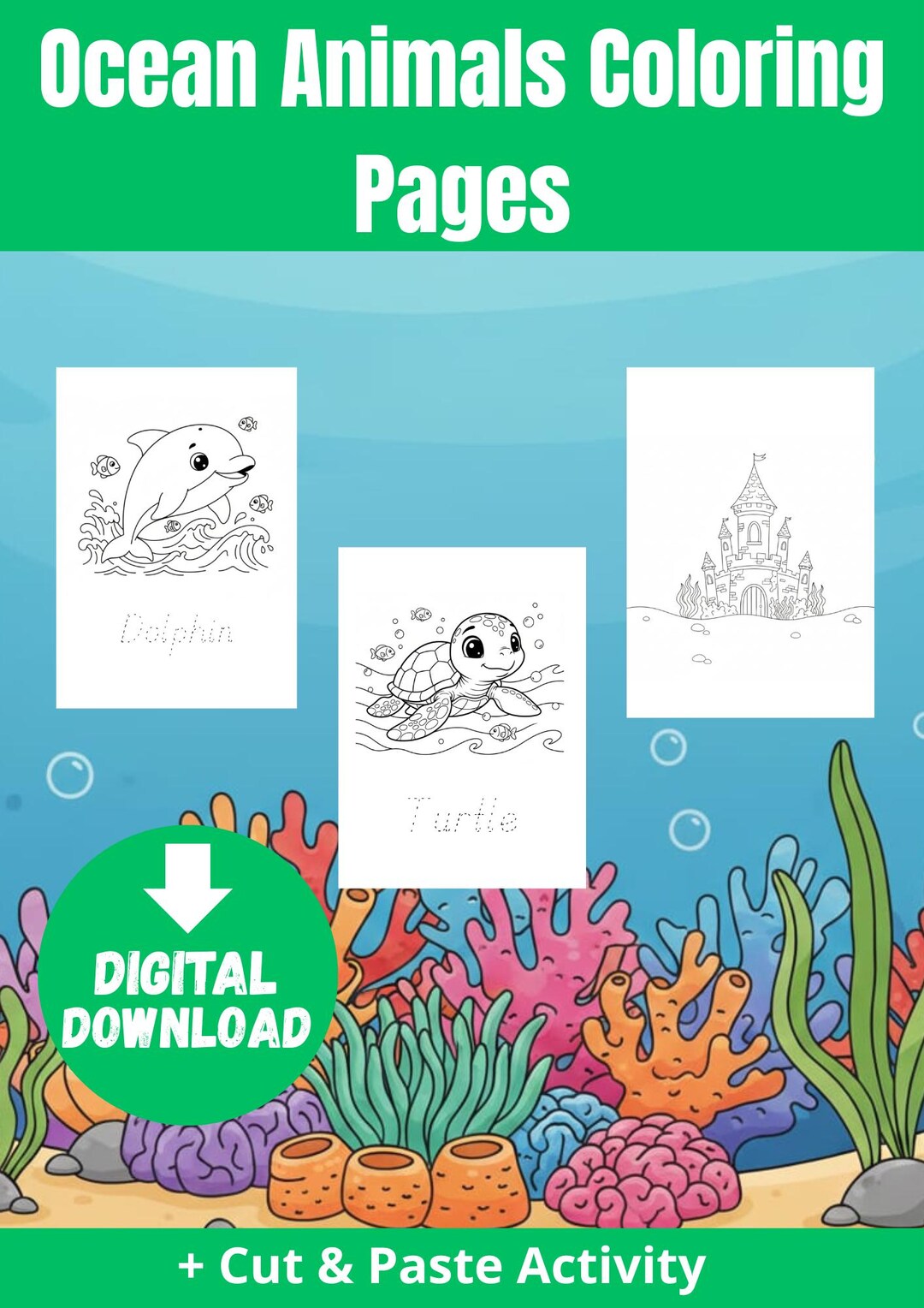 Ocean Animals Coloring Pages | Cut & Paste Activity | Printable PDF for ...