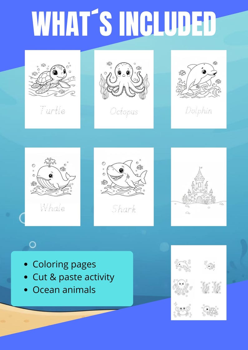 Ocean Animals Coloring Pages | Cut & Paste Activity | Printable PDF for ...