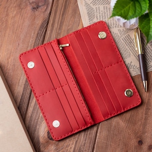Portafoglio lungo in pelle rossa con cerniera - Portamonete sottile personalizzato Ruby Cash