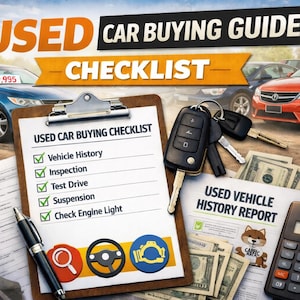May include: A promotional image for a used car buying guide. The image features a checklist, car keys, cash, a calculator, and a used vehicle history report. The checklist includes items like vehicle history, inspection, and test drive. The text "USED CAR BUYING GUIDE CHECKLIST" is prominently displayed.