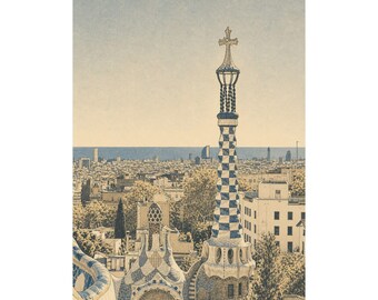 Barcelona Cityscape Art Print, Modern Travel Poster, Catalonia Wall Decor