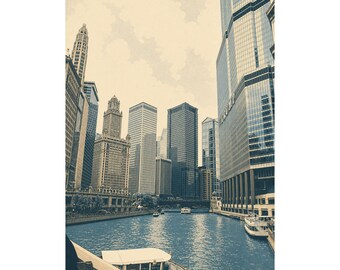 Chicago Cityscape Art Print, Modern Neutral Wall Decor, Full Bleed Travel Poster