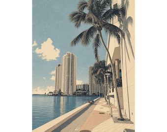 Miami Cityscape Art Print, Modern Florida Travel Poster, Neutral Ivory Blue