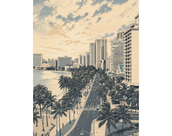 Honolulu Cityscape Art Print, Modern Hawaii Wall Decor, Travel Poster (Full Bleed)